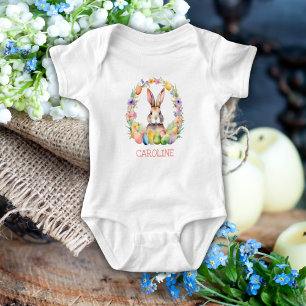 Cute Watercolor Easter Bunny Name Baby Bodysuit