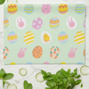Cute Watercolor Easter Painted Egg Pattern Green Tea Towel