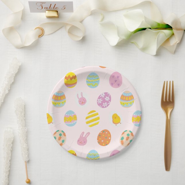 Cute Watercolor Easter Painted Egg Pattern Pink  Paper Plate (Wedding)