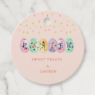 Cute watercolor Eggs Easter candy on Pink Favour Tags