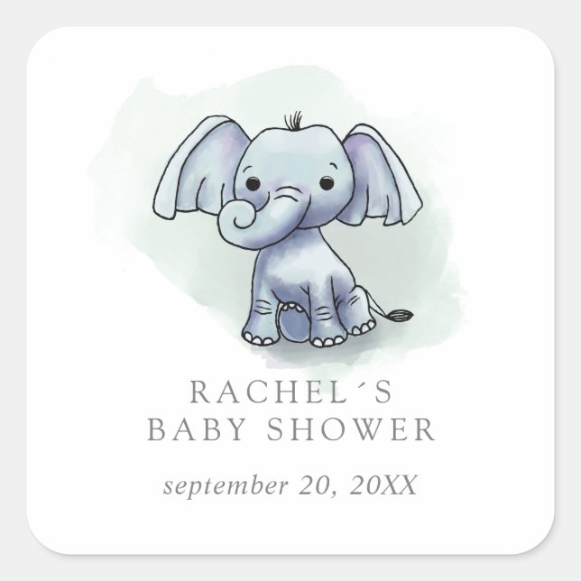 Cute watercolor elephant baby shower favour square sticker (Front)
