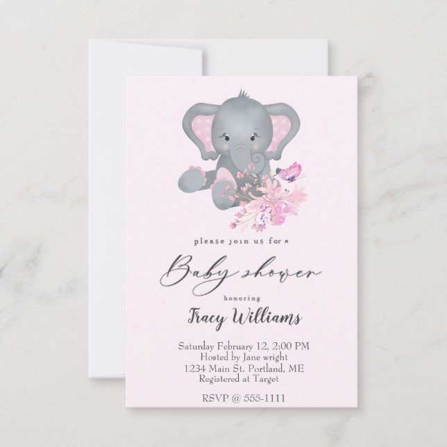 Cute watercolor Elephant baby shower invitation (Front)