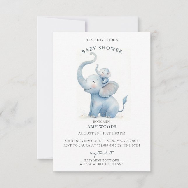 Cute Watercolor Elephant Baby Shower Invitation (Front)