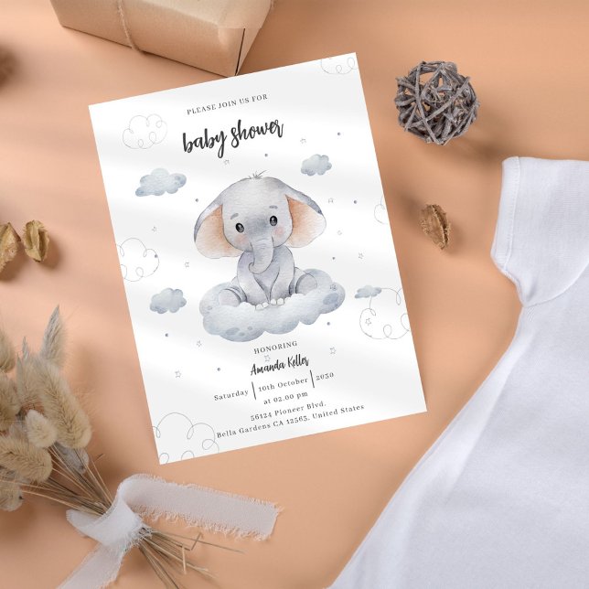 Cute Watercolor Elephant Baby Shower Invitation (Creator Uploaded)