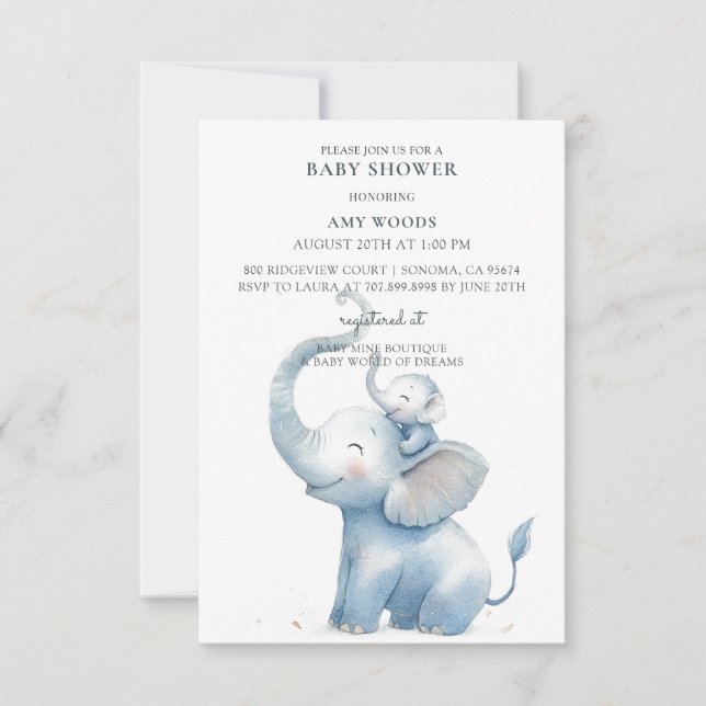 Cute Watercolor Elephant Baby Shower Invitation (Front)