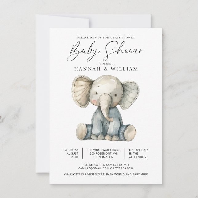Cute Watercolor Elephant Baby Shower Invitation (Front)