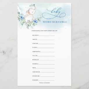 Cute watercolor elephant blue Baby Word Scramble