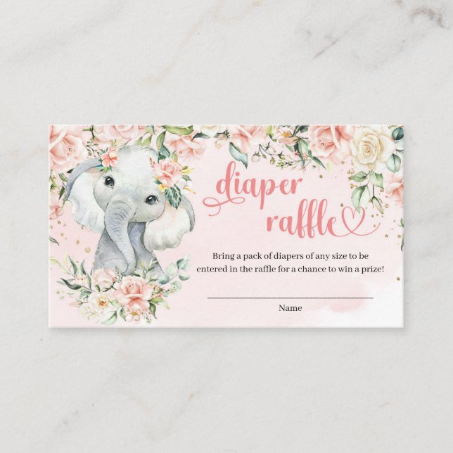 Cute watercolor elephant blush roses diaper raffle enclosure card (Front)