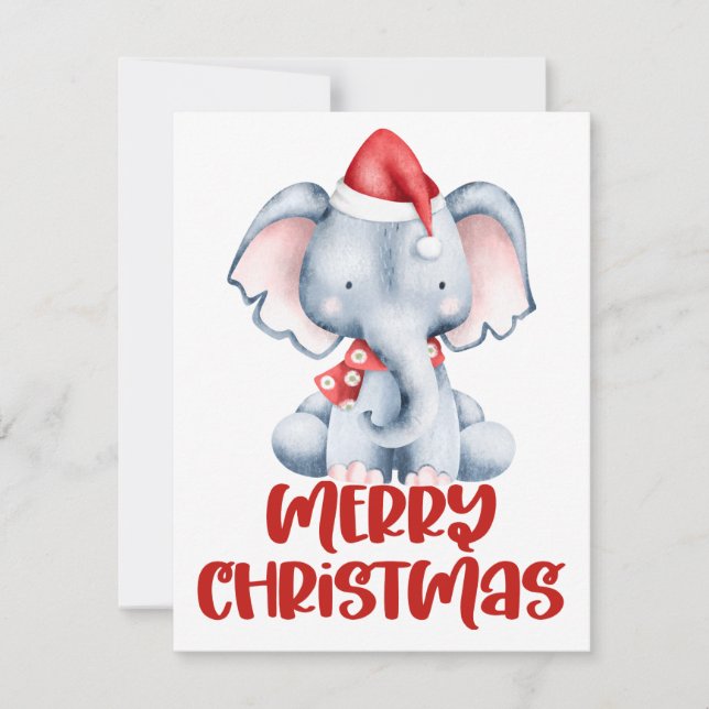 Cute Watercolor Elephant Christmas Card (Front)