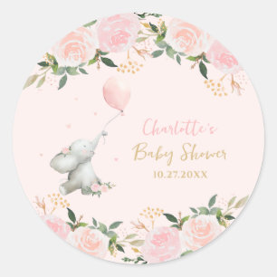 Cute Watercolor Elephant Floral Girl Baby Shower Classic Round Sticker