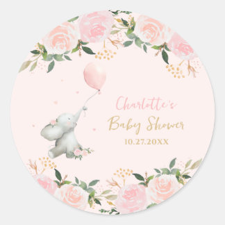 Cute Watercolor Elephant Floral Girl Baby Shower Classic Round Sticker