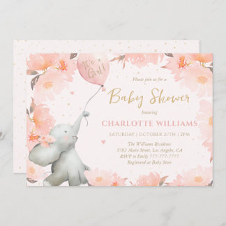 Cute Watercolor Elephant Floral Girl Baby Shower Invitation