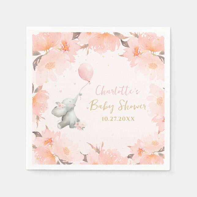 Cute Watercolor Elephant Floral Girl Baby Shower Napkin (Front)
