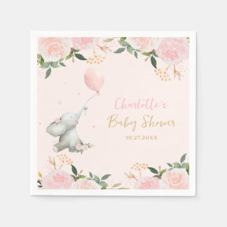 Cute Watercolor Elephant Floral Girl Baby Shower Napkin