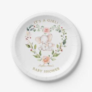 Cute Watercolor Elephant Floral Girl Baby Shower Paper Plate