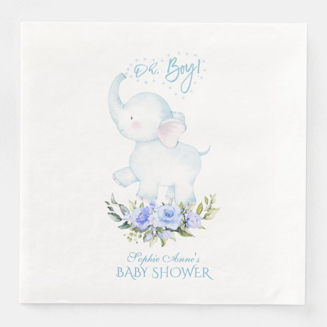Cute Watercolor Elephant Oh Boy Baby Shower Napkin (Front)