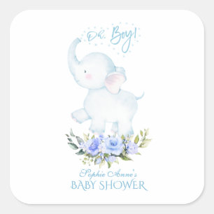 Cute Watercolor Elephant Oh Boy Baby Shower Square Sticker