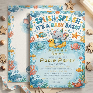 Cute Watercolor Elephant Pool Party Baby Shower Invitation
