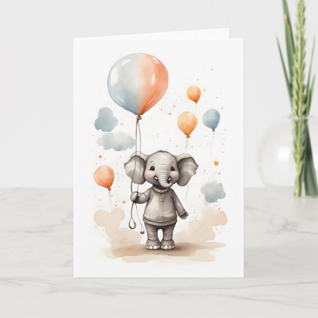 Cute Watercolor Elephant Red Blue Balloons Blank Card (Front)