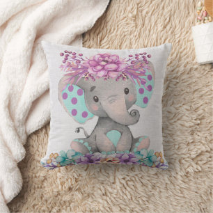 Cute Watercolor Elephant with Purple Teal Florals Cushion
