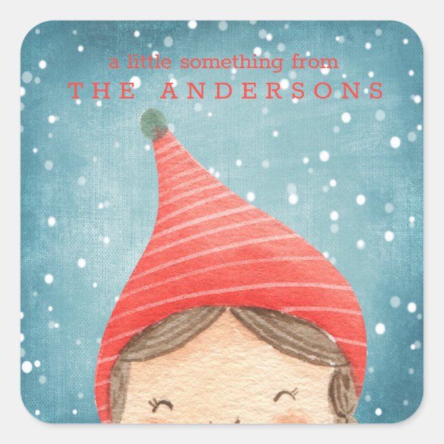 Cute Watercolor Elf Christmas Gift Square Sticker (Front)