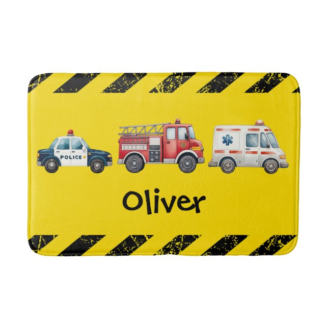 Cute Watercolor Emergency Vehicles Bath Mat (Front)