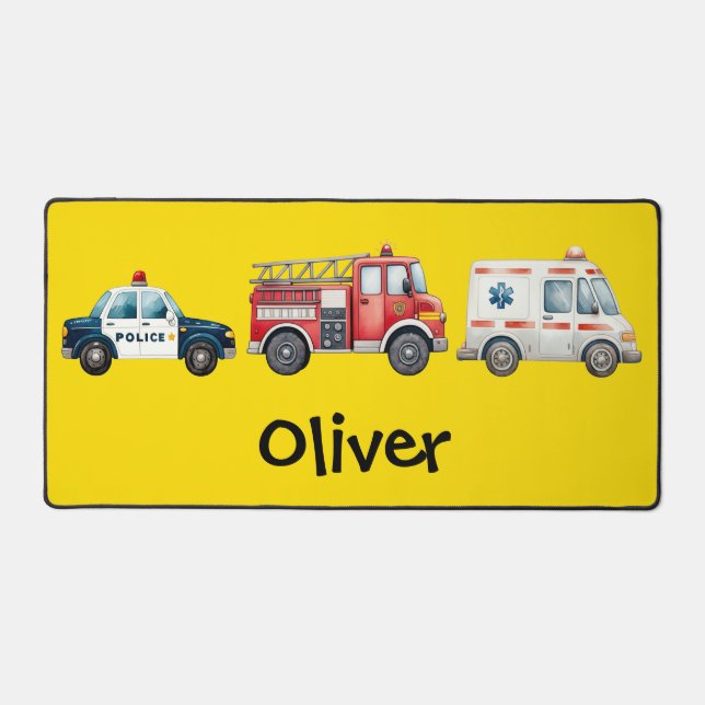 Cute Watercolor Emergency Vehicles Desk Mat (Front)