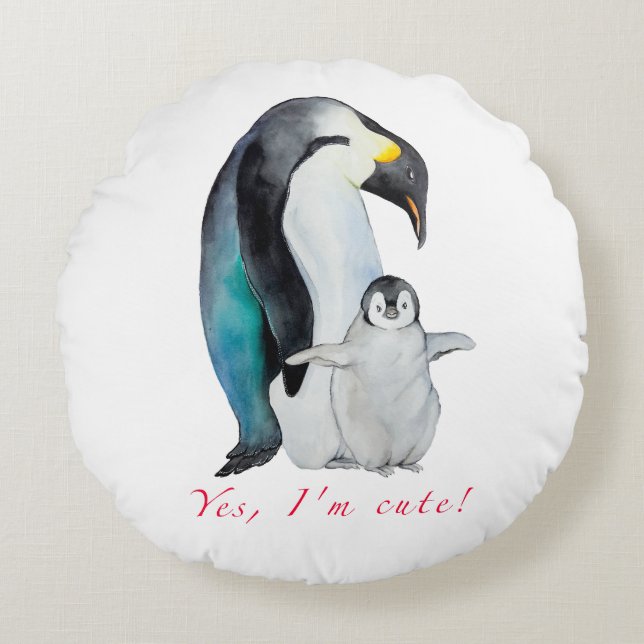 Cute watercolor emperor penguins round cushion (Front)