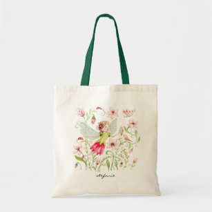 Cute Watercolor Fairy and Pink Flowers Tote Bag