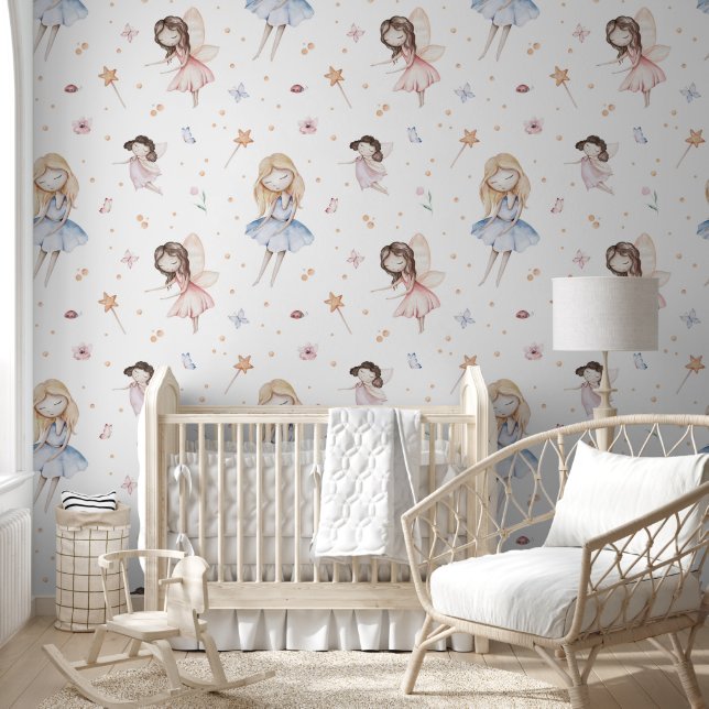 Cute Watercolor Fairy Flowers Fairytale Nursery Wallpaper (Kids)
