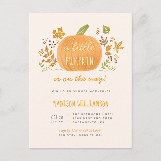 Cute Watercolor Fall Little Pumpkin Baby Shower Invitation Postcard (Front)