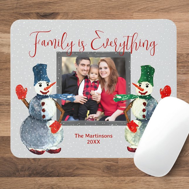 Cute Watercolor Family Photo Snowman Snow Mouse Mat (Creator Uploaded)