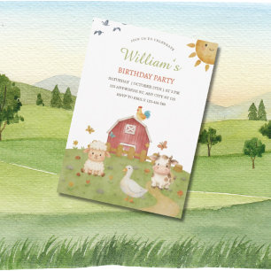 Cute Watercolor Farm Animal Birthday Invitation