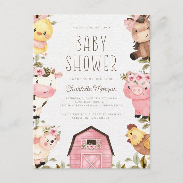 Cute Watercolor Farm Animals Barnyard Baby Shower  Postcard (Front)