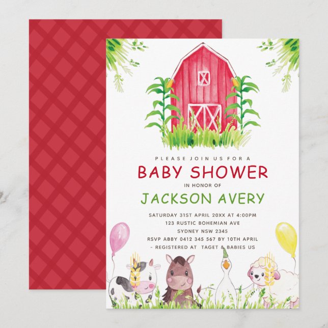 Cute Watercolor Farm Baby Shower Invitation (Front/Back)