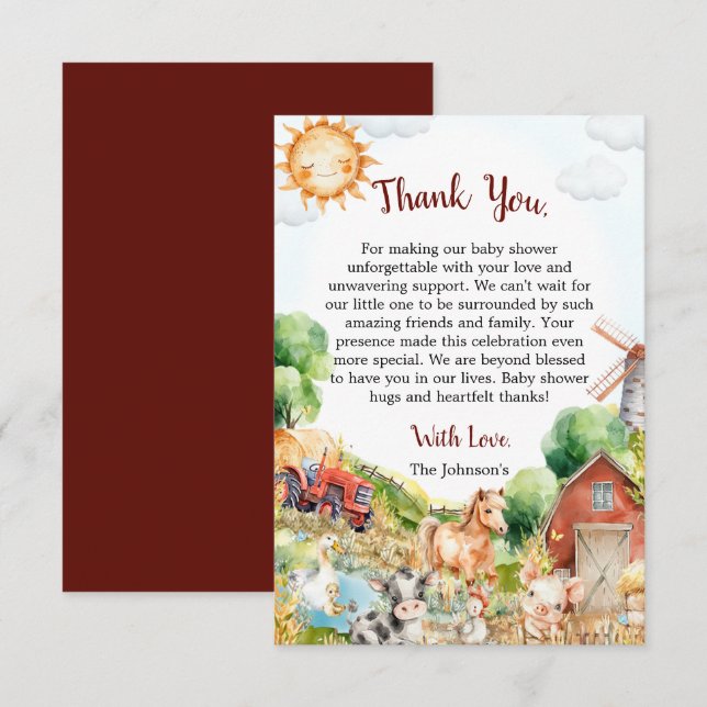 Cute Watercolor Farm Baby Shower Thank You Card (Front/Back)