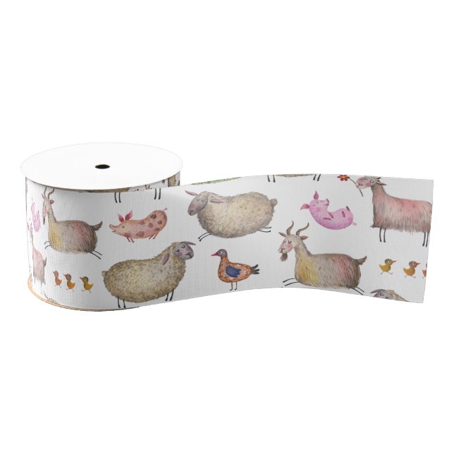 Cute Watercolor Farm Barn Animals Pattern Grosgrain Ribbon (Spool)