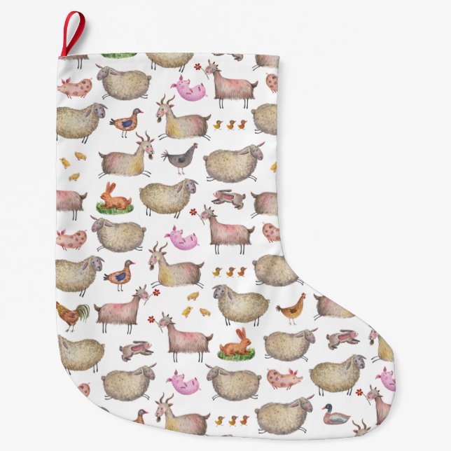 Cute Watercolor Farm Barn Animals Pattern Large Christmas Stocking (Front)