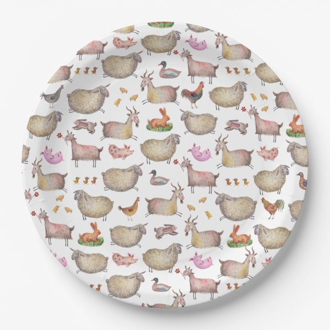 Cute Watercolor Farm Barn Animals Pattern Paper Plate (Front)