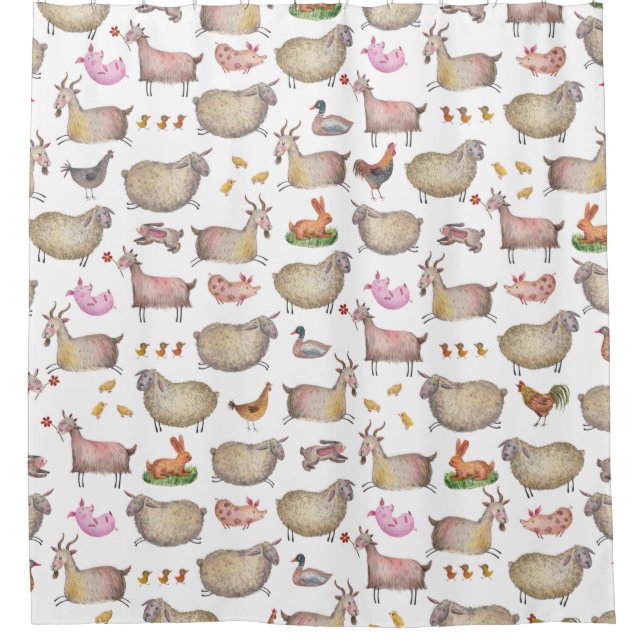 Cute Watercolor Farm Barn Animals Pattern Shower Curtain (Front)