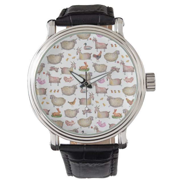 Cute Watercolor Farm Barn Animals Pattern Watch (Front)