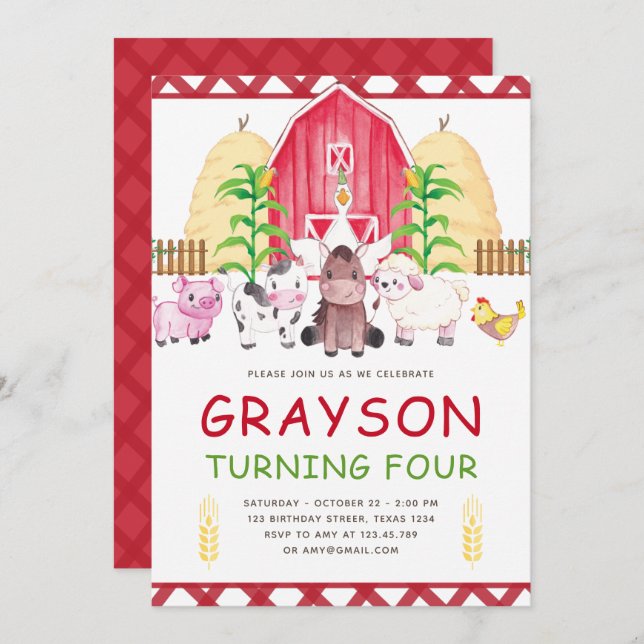 Cute Watercolor Farm Birthday Invitation (Front/Back)