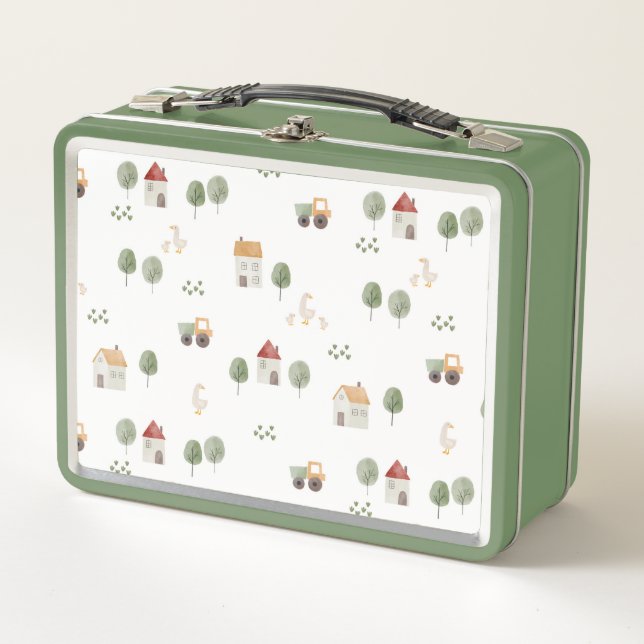 Cute Watercolor Farm Pattern Metal Lunch Box (Front)