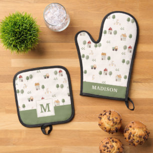 Cute Watercolor Farm Pattern Oven Mitt & Pot Holder Set