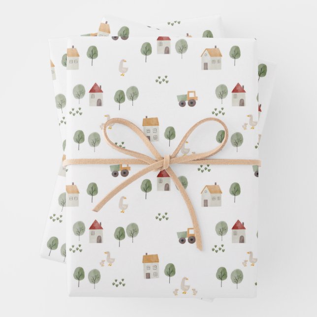 Cute Watercolor Farm Pattern Wrapping Paper Sheet (In situ)