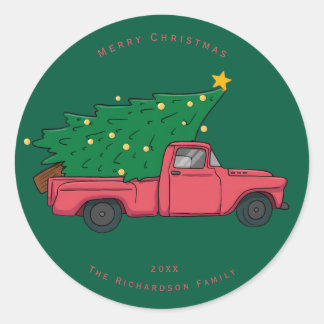 Cute Watercolor Farm Truck Christmas Tree  Classic Round Sticker