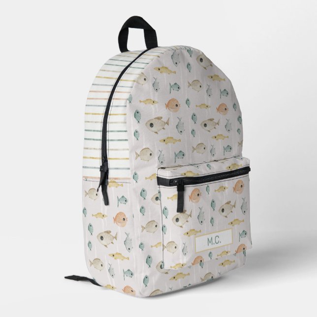 Cute Watercolor Fish Ocean Pattern Monogram Kids Printed Backpack (Back Corner Left)