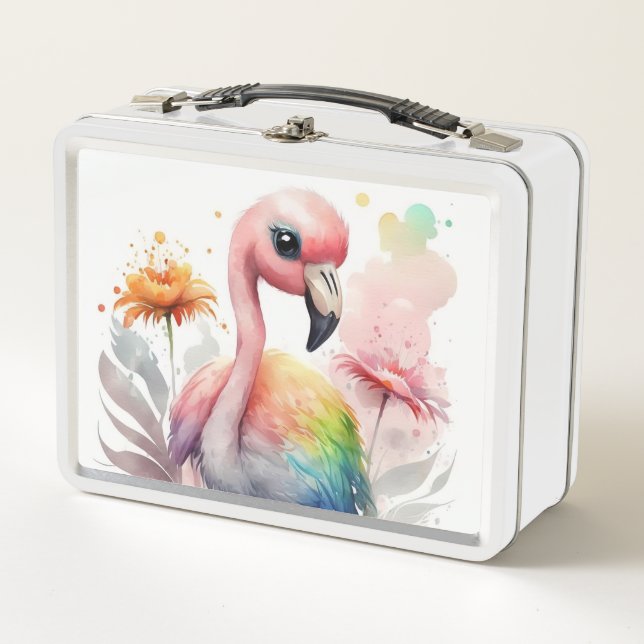 Cute Watercolor Flamingo Baby Metal Lunch Box (Front)