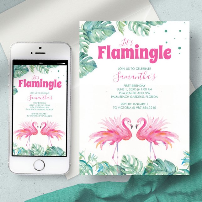 Cute Watercolor Flamingo Birthday Party Invitation (First birthday tropical pink flamingo palm leaves watercolor art by Victoria Grigaliunas)