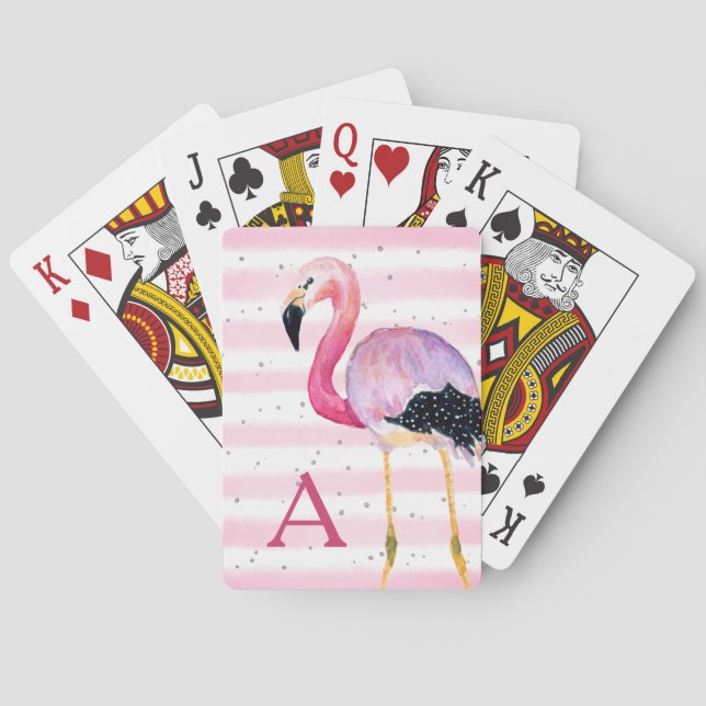 Cute Watercolor Flamingo Monogram Pink Stripe Playing Cards (Back)